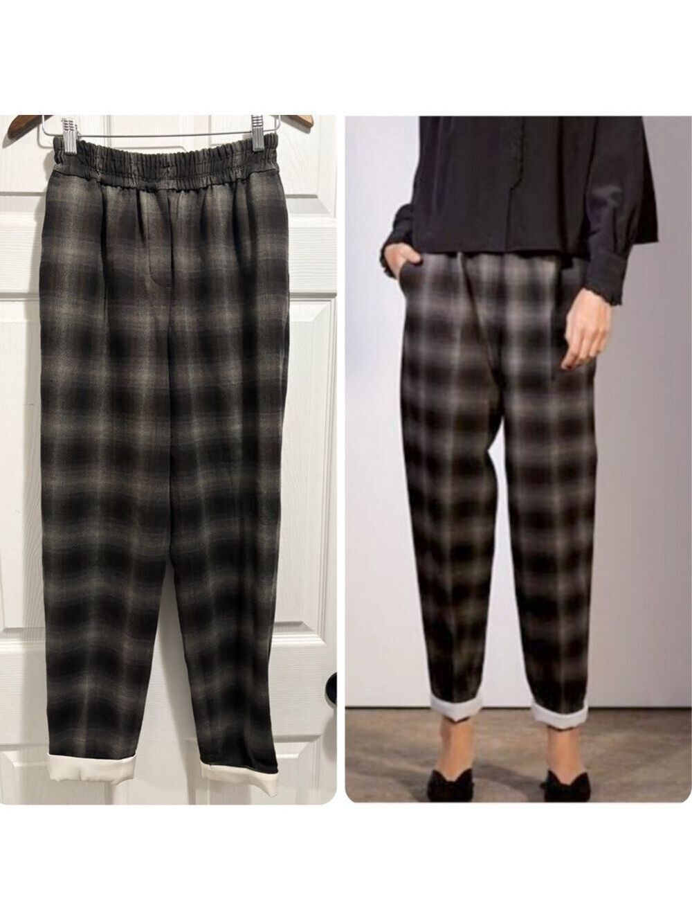 Aritzia Le Fou Wilfred Anise Pants High Rise Pull On Plaid Black Grey Cuffs XS